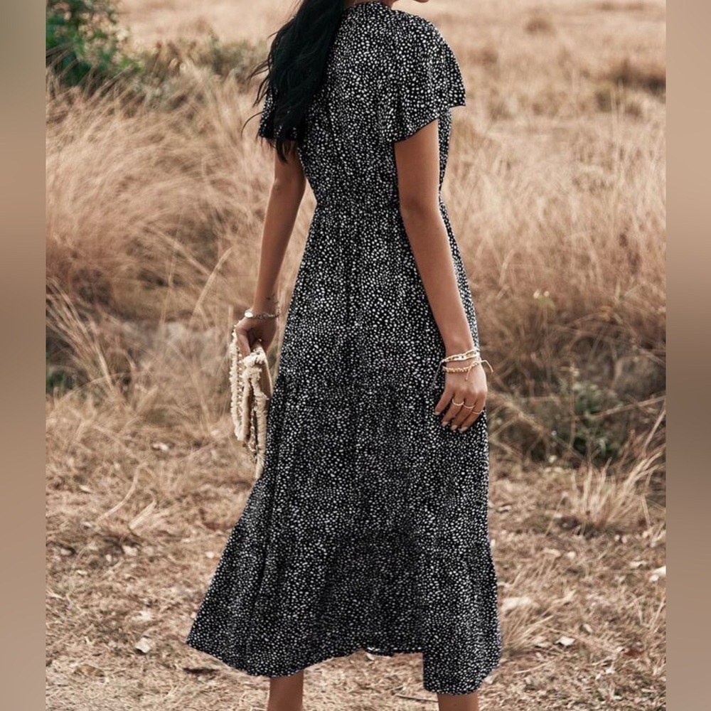 Fit and Flare Reverse Dalmatian Print Split Hem A-Line Dress Maxi S - Picture 2 of 7